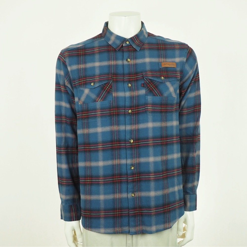 Columbia PHG Roughtail Flannel Hunting Gear Button Shirt Mens Large Blue Plaid